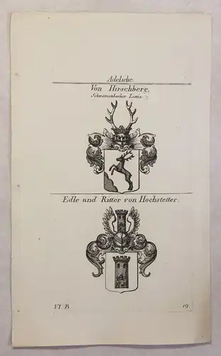Kupferstich Wappen Familie Von Hirschberg & von Hochstetter 1825 Heraldik xz