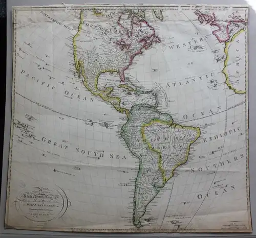 Grenzkolorierte Stahlstichkarte Südamerika & Nordamerika um 1820 Landkarte sf