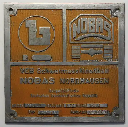 Fabrikschild/Typenschild von Bagger/Kran 1978 Aluminium Nobas Nordhausen sf