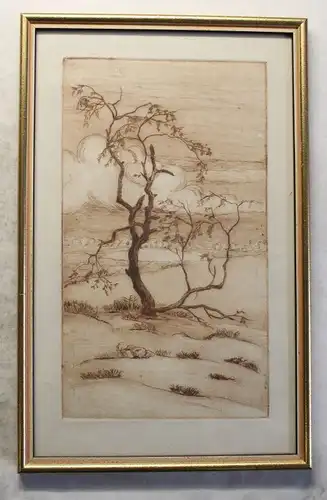 Radierung Baum Landschaft Frühlingsbaum mit Wolken um 1920 Druckgrafik xz