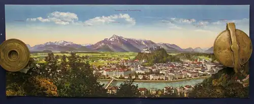 Kolorierte Lithografie Panorama von Salzburg AK 1910 Chromolithographie sf