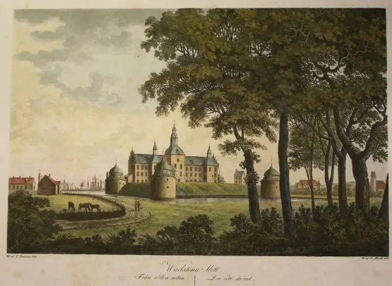 handkolorierte Aquatintaradierung Ulrik Thersner Wadstena Slott 1819 Grafik sf 0