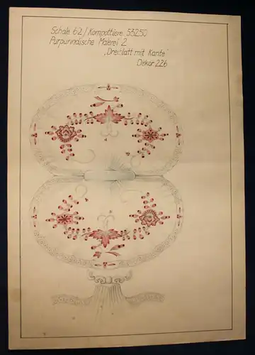 3x Orig. Entwurfzeichung Porzellanmanufaktur Meißen "Indisch Purpur" um 1930 sf