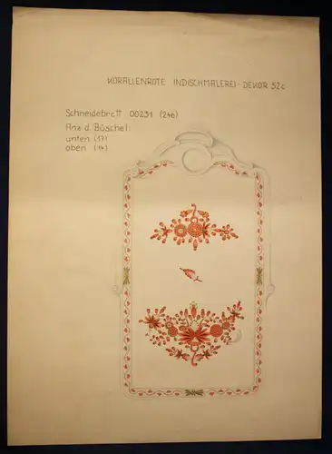 Orig. Entwurfzeichung Porzellanmanufaktur Meißen "Indi. korallenrot" um 1930 sf
