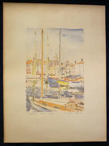 Aquarell auf Karton von Michele Rauier "Hafen von St.Tropez" 20. Jh. Kunst sf