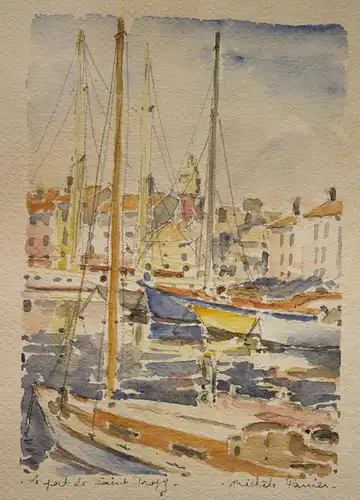 Aquarell auf Karton von Michele Rauier "Hafen von St.Tropez" 20. Jh. Kunst sf