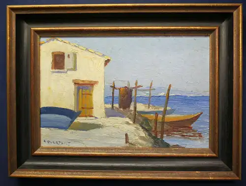 Öl auf Holz Quertant Alfred Fischerboote am Meer um 1950 Kunst Malerei sf