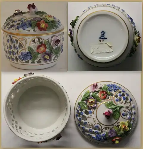 Potschappel Dresden Porzellan Dose Deckeldose Zuckerdose durchbrochen Blumen cr