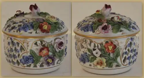 Potschappel Dresden Porzellan Dose Deckeldose Zuckerdose durchbrochen Blumen cr