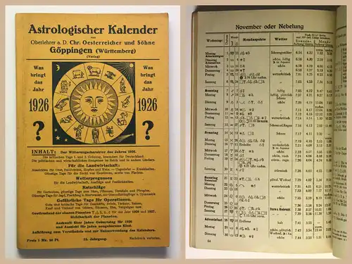 Göppingen Astrologischer Kalender 1926 Tierkreiszeichen Gestirne Prognosen xz