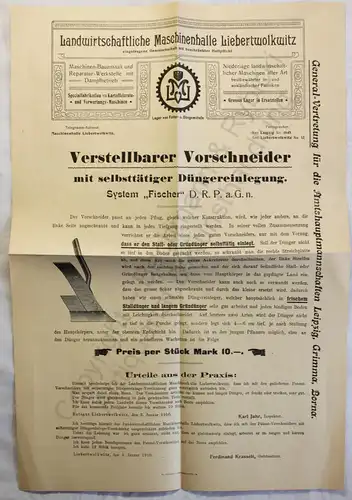 Originial Werbeblatt Landwirt. Maschinenhalle Liebertwolkwitz Vorschneider 1910
