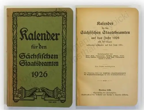 Kalender für den sächsischen Staatsbeamten 1926 Justiz Dienst Laufbahn xy