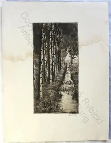 Orig. Radierung Herbst um 1950 Birkenwald mit Bachlauf aus der Galerie Joh. Kühl