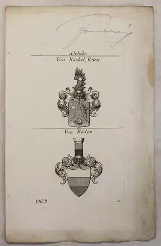 Kupferstich Wappen Familie Von Röckel Ritter & Von Röder 1825 Heraldik Adel xz