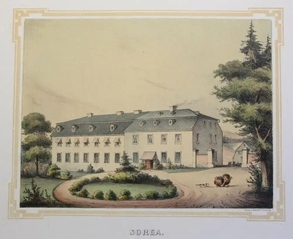 Lithografie Sorga Ansicht Sachsen Poenicke Schlsser & Rittergter um 1855 xz 0