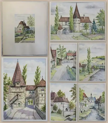 7 Aquarelle Teichmann Landschaft Stadtansicht Bayern Franken Iphofen 1941 xz