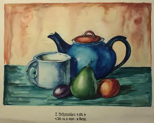 Schmirler Aquarell Stillleben Teekanne Obst 1931 Studienarbeit Kunstschule Loket