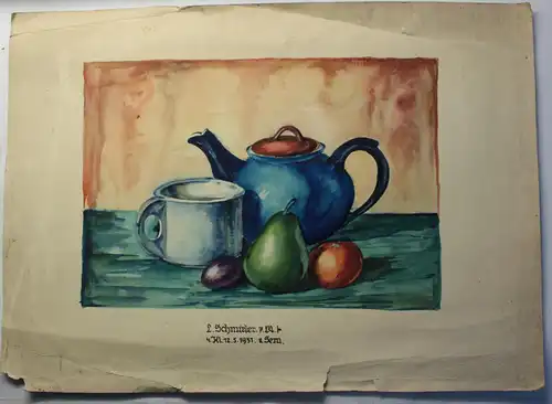 Schmirler Aquarell Stillleben Teekanne Obst 1931 Studienarbeit Kunstschule Loket