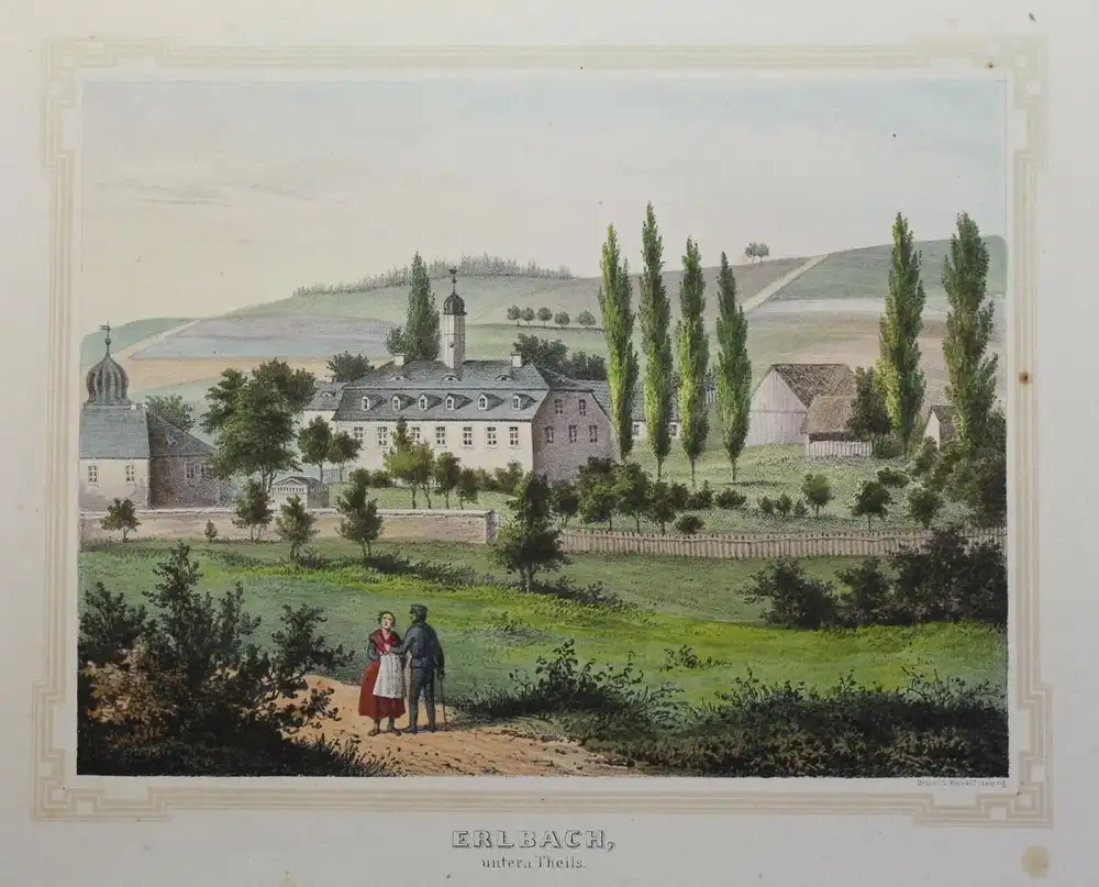 Lithografie Erlbach Ansicht Sachsen Poenicke Schlösser & Rittergüter um 1855 xz 0