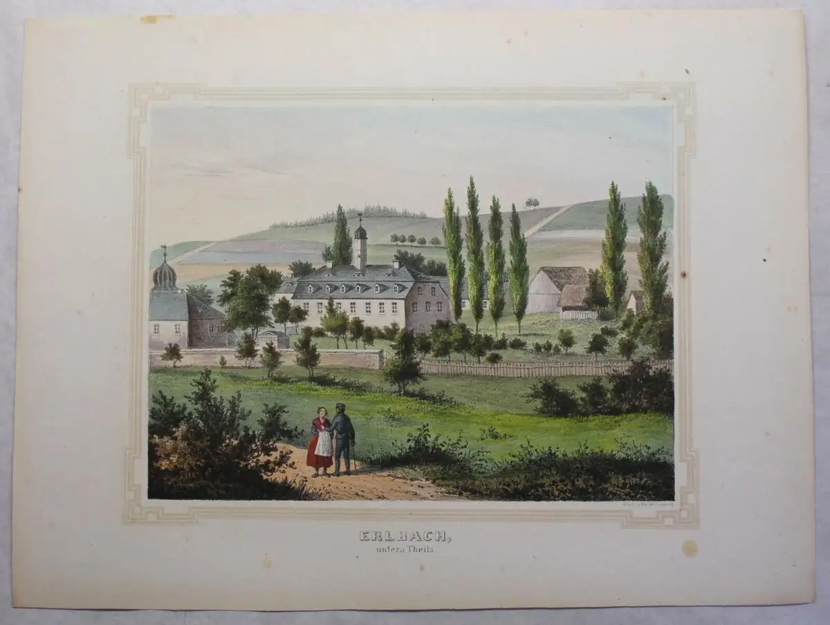 Lithografie Erlbach Ansicht Sachsen Poenicke Schlösser & Rittergüter um 1855 xz 1