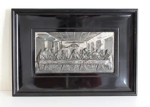 Das Abendmahl nach Da Vinci 24x12 cm um 1900 in Zinn mit Rahmen religiöse Kunst