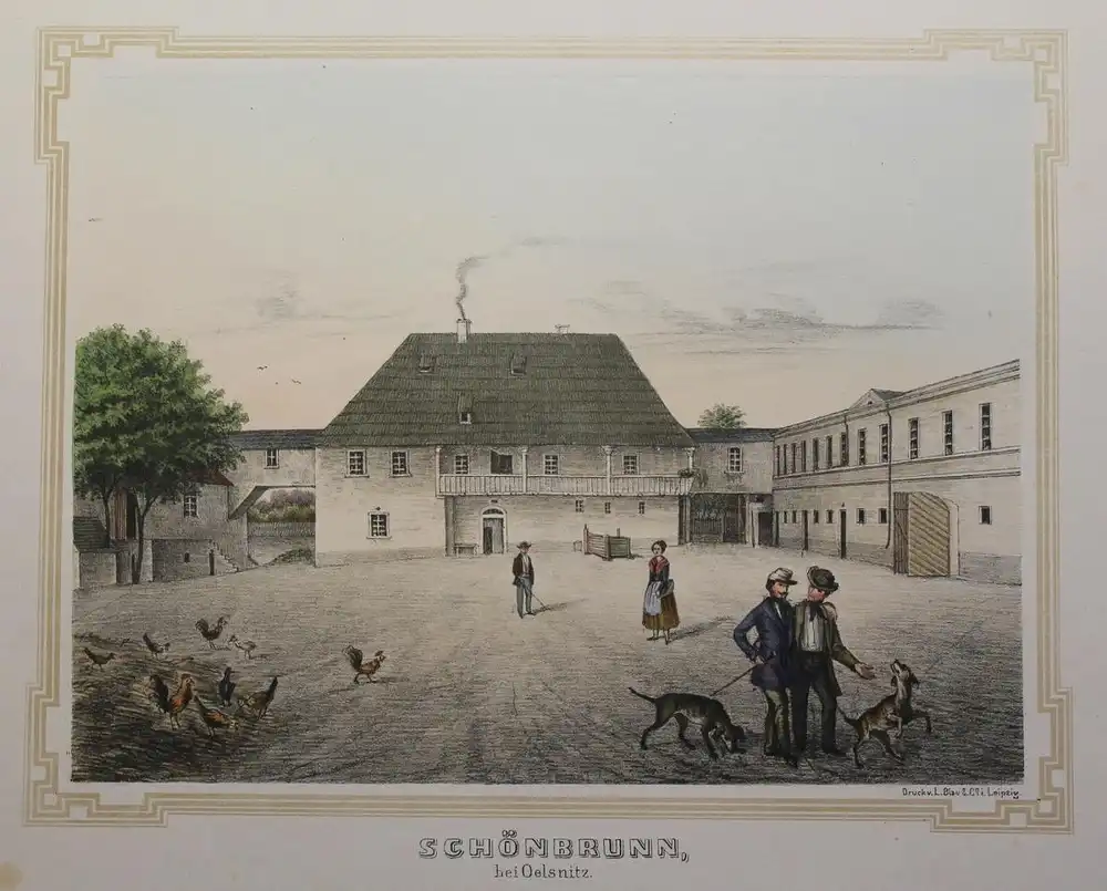 Lithografie Schönbrunn Poenicke Schlösser & Rittergüter um 1855 Ansicht Sachsen 0