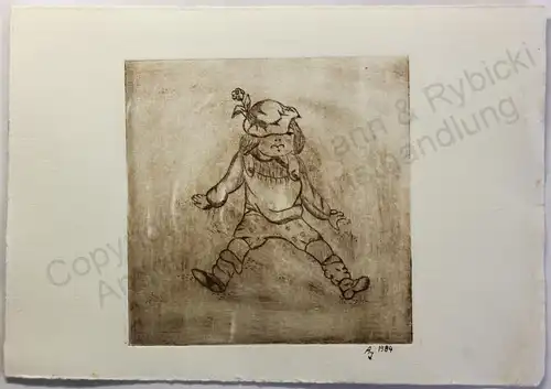 Original Radierung Kleines Kind Puppe Kasper 1984 ca 14,5x14,5 cm Grafik xz