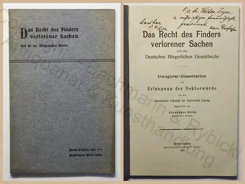Stein Das Recht des Finders verlorener Sachen 1903 BGB Fundrecht Dissertation xz