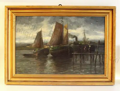 Impressionist Orig Ölgemälde Ulrich Hübner 1872-1932 maritim Segelschiffe Hafen