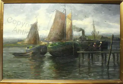 Impressionist Orig Ölgemälde Ulrich Hübner 1872-1932 maritim Segelschiffe Hafen