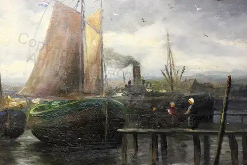 Impressionist Orig Ölgemälde Ulrich Hübner 1872-1932 maritim Segelschiffe Hafen