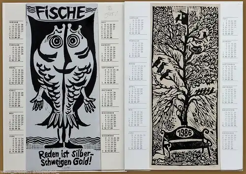 Fritz Panndorf 2x Linolschnitte Fische + Vogelbaum 1984/85 Grafik Kunst 004 AA