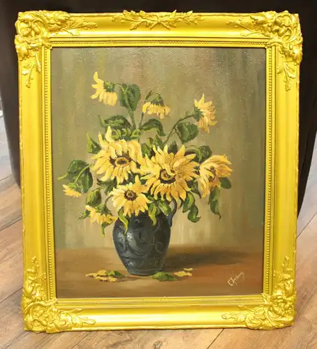 Ölgemälde Malerei C. Franz Sonnenblumen um 1900 Stillleben Blumenvase xz