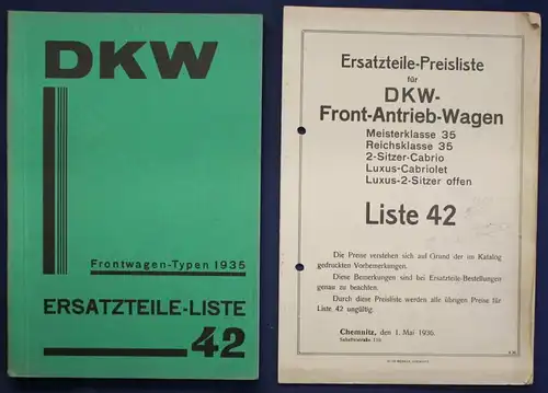 Original Prospekt für DKW Ersatzteile - Liste 42 Frontwagen Typen 1935 sf