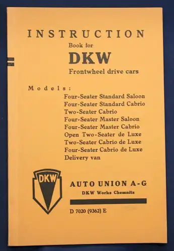 Original Prospekt Instruction Book for DKW Frontwheel drive cars 1936 sf