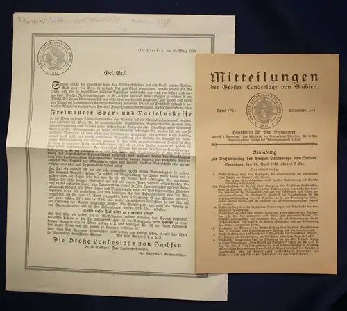 2 Prospekte Freimauer Sachsen der Großen Landesloge 1926 Geschichte sf