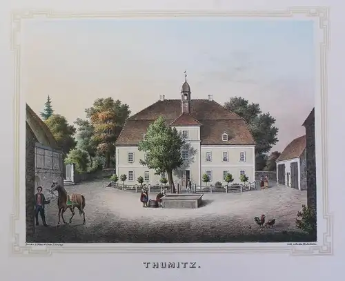 kolorierte Lithografie Thumitz Poenicke Schlösser & Rittergüter um 1855 Sachsen