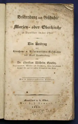 Spieker Beschreibung & Geschichte Marien- oder Oberkirche Frankfurt Oder 1835 sf