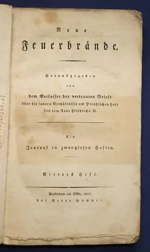 Neue Feuerbrände 4. Heft 1807 Geschichte Gesellschaft Preußen Adel  sf