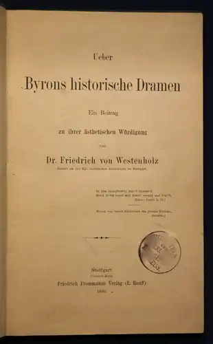 Westenholz Über Byrons historische Dramen 1890 Geschichten Belletristik sf