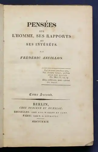 Ancillon Pensees sur L'Homme, ses Rapports et ses Interets 1829 Geschichte sf