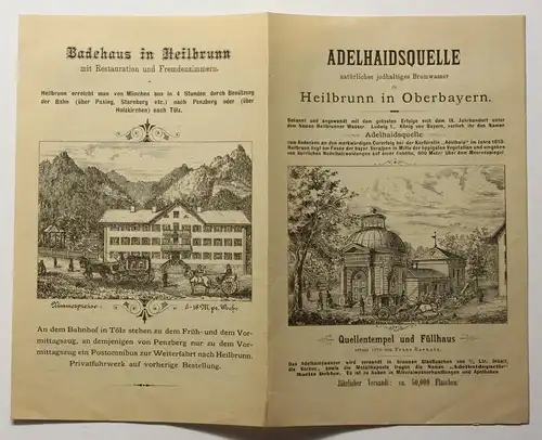 Orig Prospekt Adelhaidsquelle Heilbrunn Oberbayern um 1880 Mineralwasser Bayern