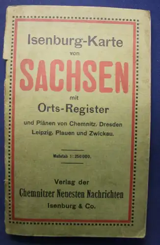 Orig. Isenburg-Karte von Sachsen mit Orts-Register um 1910 Saxonica Geografie sf