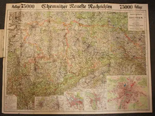 Orig. Isenburg-Karte von Sachsen mit Orts-Register um 1910 Saxonica Geografie sf