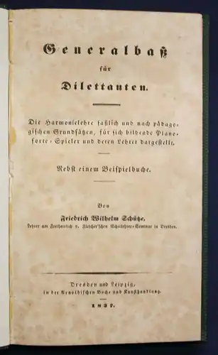 Schütze Generalbaß für Dilettanten 1837 Klavier Klavierspiel Lehrbuch Musik sf