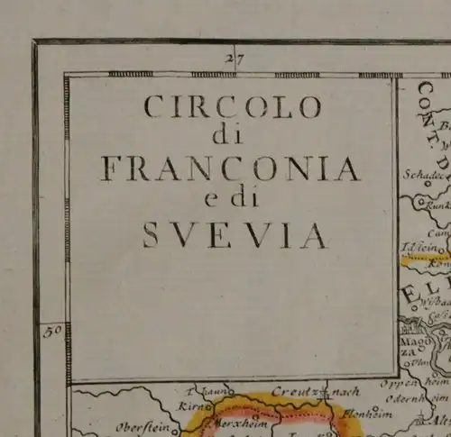 Orig.grenzkol. Kupferstichkarte "Circolo di Franconia e di Svevia" 1750 del Reno