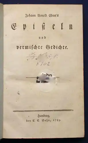 Ebert Episteln und vermischte Gedichte 1789 Klassiker Belletristik Literatur sf