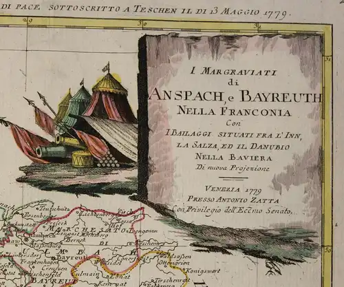 kolor. Kupferstichkarte Antonio Zatta I Margravitati di Anspach 1779 Bayern sf