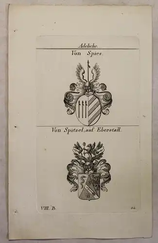 Kupferstich Wappen Familie Von Spies & Von Spitzel auf Elberstall 1825 Heraldik