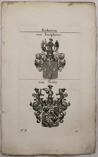Kupferstich Wappen Familie von Tautphöus & von Taxis 1825 Heraldik Adel Bayern